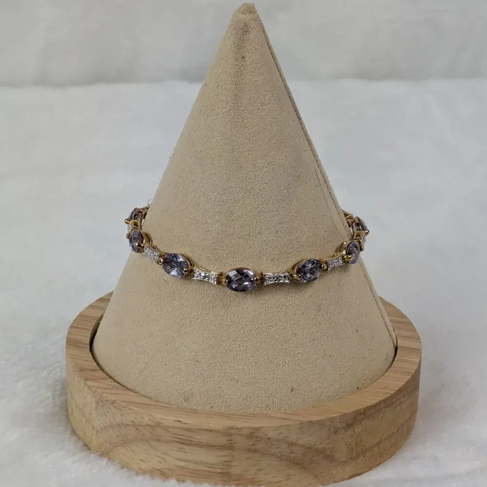 Sterling 925 Gold Vermeil Lab Purple Sapphire & CZ Link Bracelet 7" Oval Cut - Picture 1 of 5